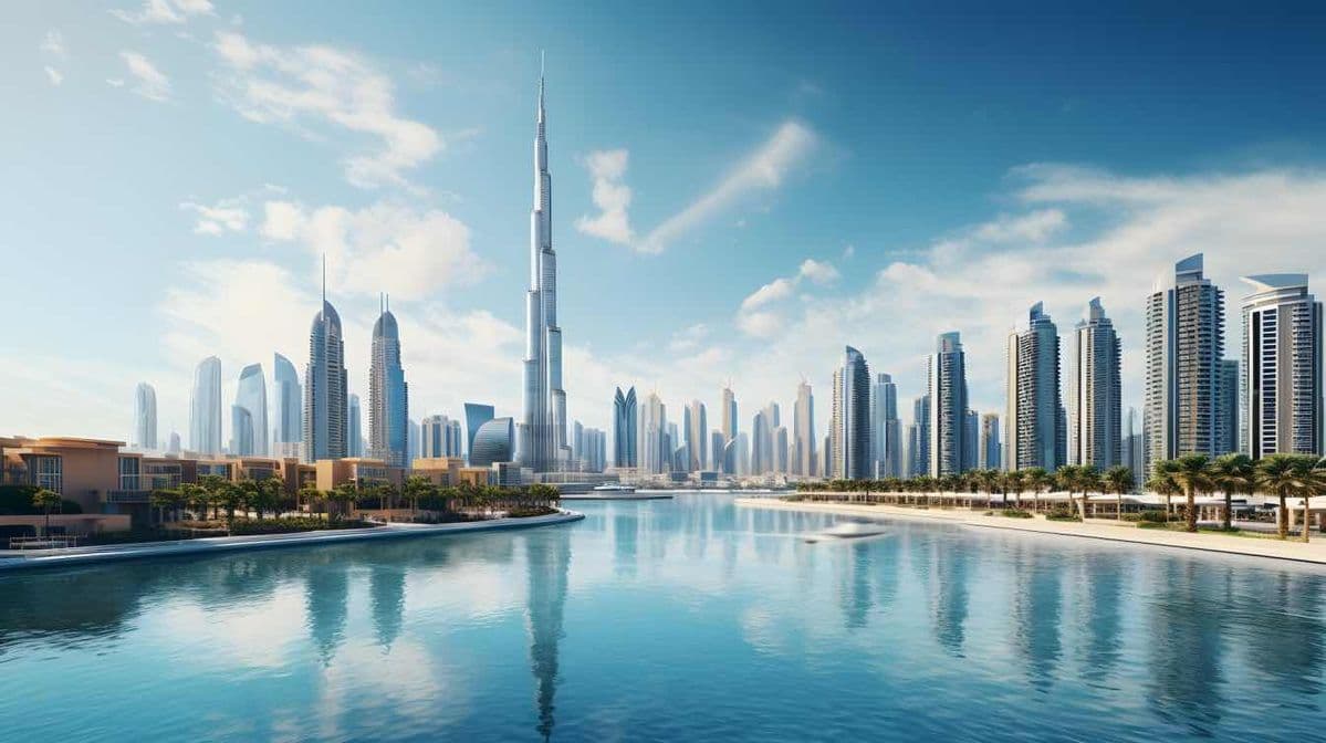 Dubai skyline with Burj Khalifa at sunset